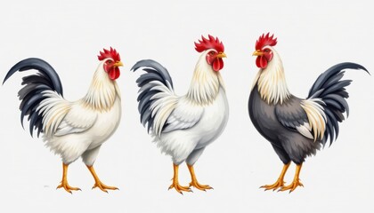 Fototapeta premium Vibrant roosters displaying colors farmyard illustrative art outdoor close-up poultry diversity
