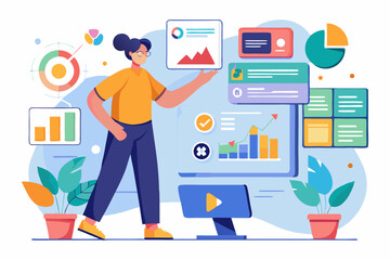 Business person interacting with a futuristic digital marketing interface, showcasing online advertising analytics, data charts, email marketing, and campaign performance metrics on a virtual screen. 