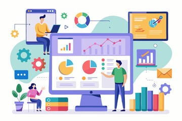 Fototapeta premium Business person interacting with a futuristic digital marketing interface, showcasing online advertising analytics, data charts, email marketing, and campaign performance metrics on a virtual screen. 
