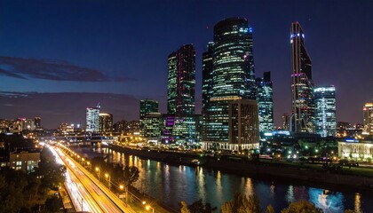Fototapeta premium Illuminated metropolis: Urban vista of gleaming skyscrapers at twilight