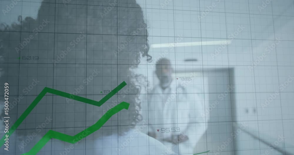 Poster doctors facing each other in hospital as grid overlay fading in charts monitoring patient metrics