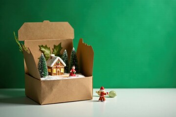 Fototapeta premium Enchanted Winter Village Scene in a Cardboard Box with Miniature Figurines and Festive Greenery