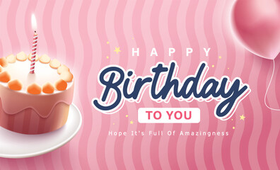 Happy Birthday celebration typography design with 3d birthday cake for greeting card, poster or banner. Vector illustration