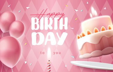 Happy Birthday celebration typography design with 3d birthday cake for greeting card, poster or banner. Vector illustration