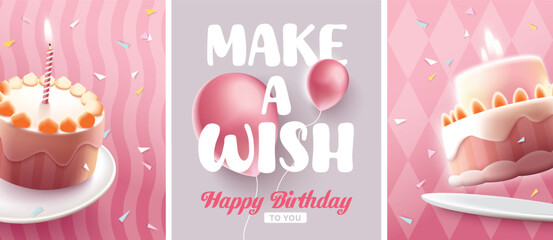 Happy Birthday celebration typography design with 3d birthday cake for greeting card, poster or banner. Vector illustration