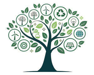 Sustainable energy and environment concept with tree made of renewable icons including wind turbine, recycling, solar panel, light bulb, and globe symbols in green shades