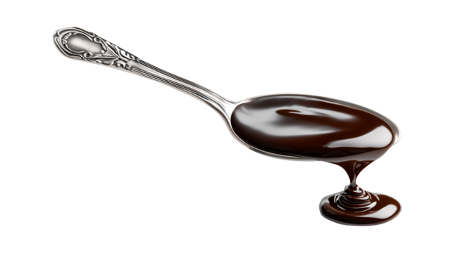 Melted dark chocolate dripping from ornate silver spoon