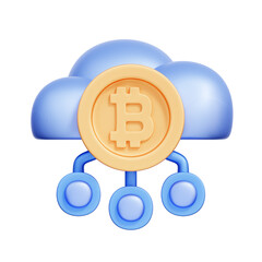 3D icon of cloud connected to Bitcoin symbol, representing cryptocurrency cloud service, decentralized finance, blockchain network, and cloud-based crypto infrastructure.