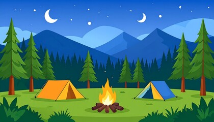 Night Camping Mountain Forest Fire.