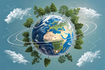 Fototapeta premium Earth surrounded by green trees and white orbit lines in blue sky with clouds, symbolizing environmental protection and nature beauty in peaceful atmosphere