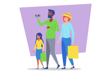 Family of three walking happily through vibrant shopping district. Father capturing memories with camera while the mother and child carrying colorful shopping bags, enjoying their day