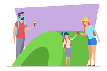 Fototapeta premium Family camping outdoors, smiling and enjoying drinks together. People standing in front of large green tent. Togetherness and adventure concept