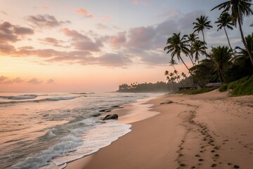 Tropical beach with palm trees and waves at sunset or sunrise time