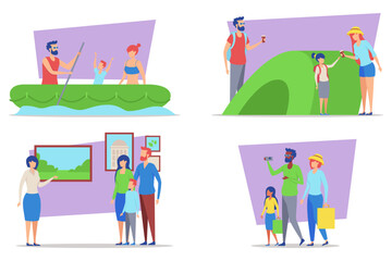 Fototapeta premium Family members enjoying different activities together, including kayaking, hiking, and visiting museum, highlighting quality time spent outdoors and in cultural environments
