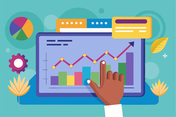 Business person interacting with a futuristic digital marketing interface, showcasing online advertising analytics, data charts, email marketing, and campaign performance metrics on a virtual screen. 