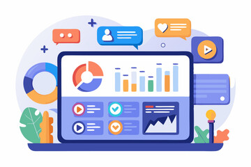 Business person interacting with a futuristic digital marketing interface, showcasing online advertising analytics, data charts, email marketing, and campaign performance metrics on a virtual screen. 