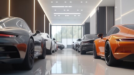 A professional car hire service featuring a lineup of luxury sedans, SUVs, and compact cars in a sleek showroom
