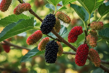 A close-up of ripe and unripe mulberries hanging on a branch. The vibrant colors of red, black, and green berries contrast beautifully with the lush green leaves in the background.