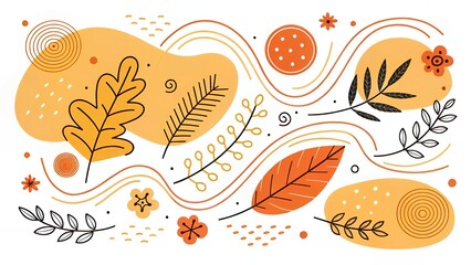 Fototapeta premium Autumnal themed illustration with leaves flowers and abstract shapes