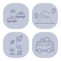Collection of different icons representing popular outdoor activities, including family fun at amusement parks, mountain adventures, kite flying, and road trips