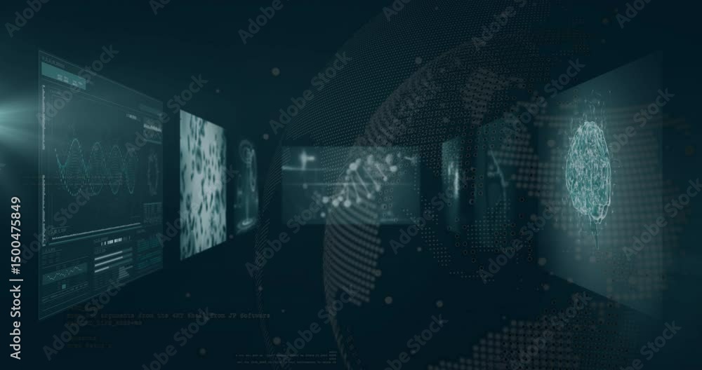 Poster camera entering dark virtual corridor causing panels updating, globe rotating and helix emerging