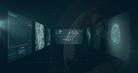 Camera entering dark virtual corridor causing panels updating, globe rotating and helix emerging - Powered by Adobe