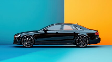 A sleek car side view in a professional banner promoting affordable rental options, with attention-grabbing color contrasts