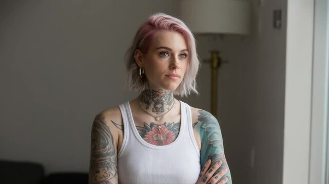 Portrait of a heavily tattooed woman standing confidently in natural light