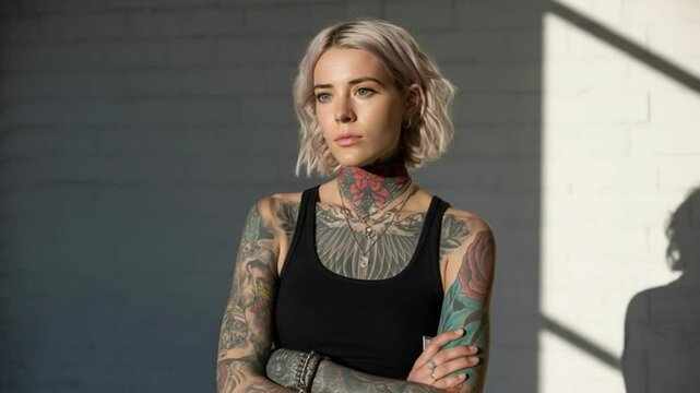 Portrait of a heavily tattooed woman standing confidently in natural light