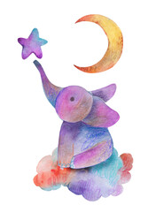 A cute, purple watercolor elephant is sitting on a colorful cloud. 