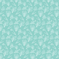 Sea Creatures Line Art Seamless Pattern. Coral, Sea Plants Background