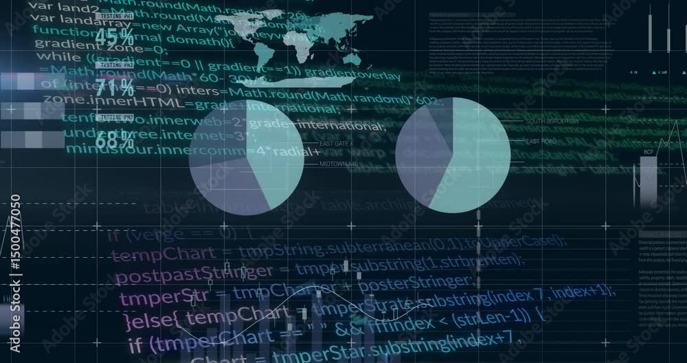 Poster at start dashboard code scrolling rings rising, charts animating, updating, fading, showing trends