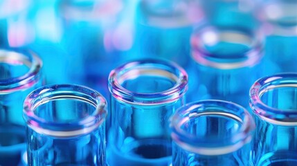 A close-up of a blue and clear glass test tube with a white liquid inside, placed on a blue background with a blurred effect.