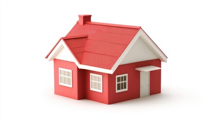 A red and white toy house with a red roof and white trim, placed on a white background with a white door and windows.