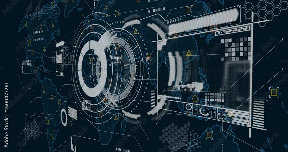 Poster dark blue grid opening starting central hud emerging rotating sliding data panel updating metrics