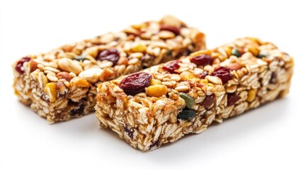 Granola bars with nuts, seeds, and dried fruit on a white background