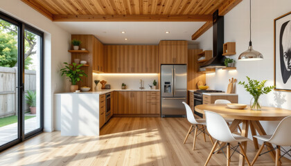 Modern kitchen featuring wooden cabinetry, stainless steel appliances, and cozy dining area with white chairs. space is bright and inviting, perfect for family gatherings