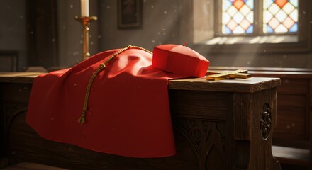 Cardinal Vestments on Wooden Table in Church Photo with Warm Lighting