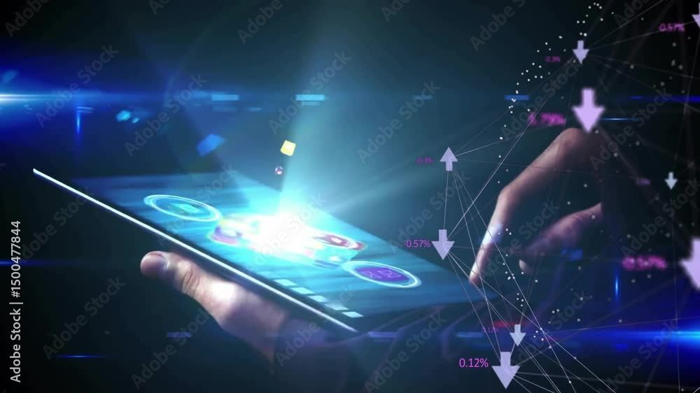 Poster upon tapping icon, user hand launching colored cubes while network graph animating visualizing data