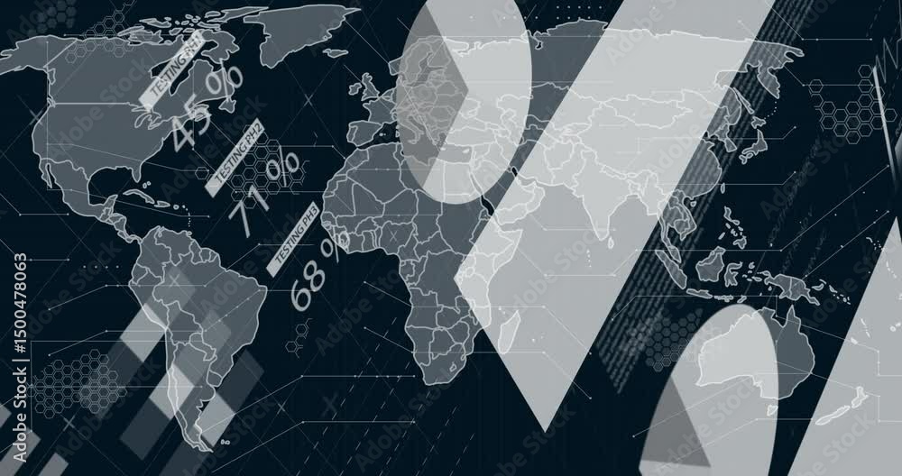 Poster stylized map appearing over dark grid, bars and stripes sliding, shapes drifting, visualizing data