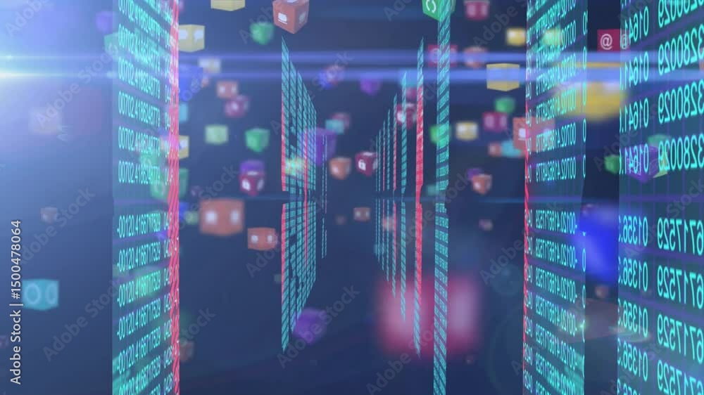 Poster camera pushing initiating cubes accelerating and swirling between glowing panels showing data flow