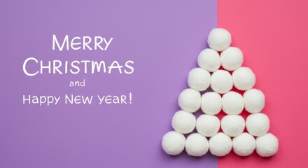 Christmas Greeting Card with Snowball Tree on Purple and Pink Background