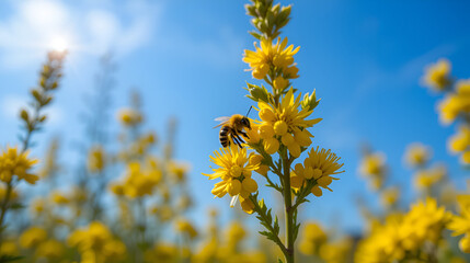 Honey bee pollinates yellow flowers barberry in the garden on background of blue sky. Nature in spring. Panoramic banner.