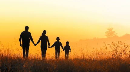 A family of four walking together in a field at sunset, holding hands, with a golden sky and tall grass in the foreground.