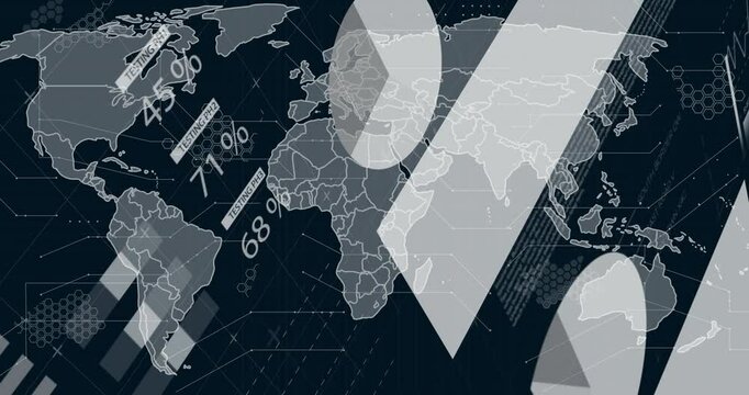 Stylized map appearing over dark grid, bars and stripes sliding, shapes drifting, visualizing data