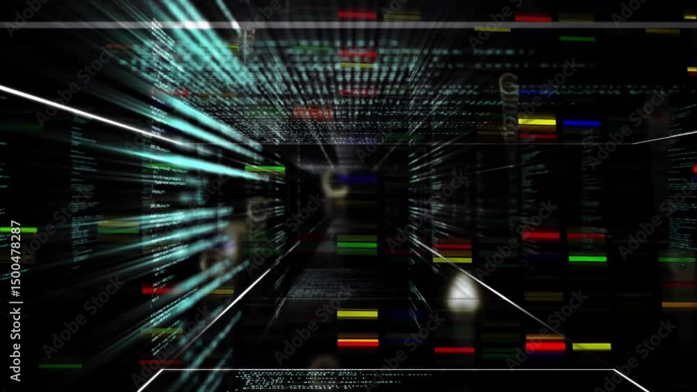 Poster Upon perspective shift speeding camera through 3D tunnel streaming bars letters visualizing data