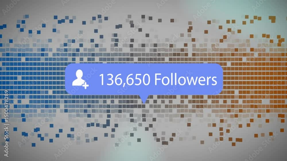 Poster pixels scattering and forming band, callout fading in and follower count updating showing growth