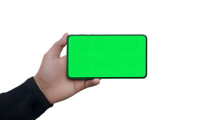 Man holds in two hands tablet PC in landscape mode with green screen isolated on white. Chroma key screen for placement of your own content. Ai Generated Images