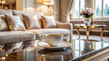 Fototapeta premium Elegant coffee cup with saucer on a marble-topped side table in an opulent living room, sophisticated ambiance , luxury interior