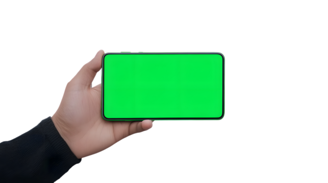 Man holds in two hands tablet PC in landscape mode with green screen isolated on white. Chroma key screen for placement of your own content. Ai Generated Images